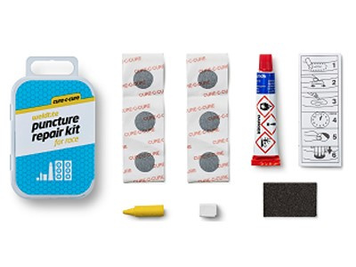 Zestaw łatek do wąskich dętek WELDTITE Cure-C-Cure Puncture Repair Kit For Race (6x Łatka + Klej + Papier ścierny + Kreda + Kredka), Pudełko 12szt.