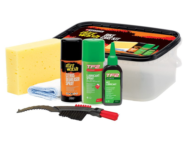 Zestaw do czyszczenia WELDTITE Dirtwash Bike Care Kit (Odtłuszczacz + Smar w sprayu + Olej Wet Lube + Szczotka + Gąbka + Szmatka)