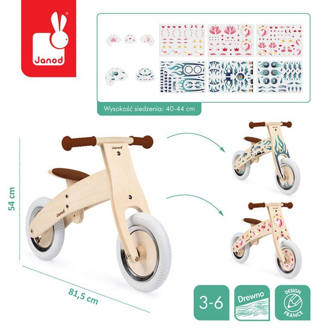 Drewniany rowerek biegowy z naklejkami do personalizacji Bikloon Nature 3+ - Janod