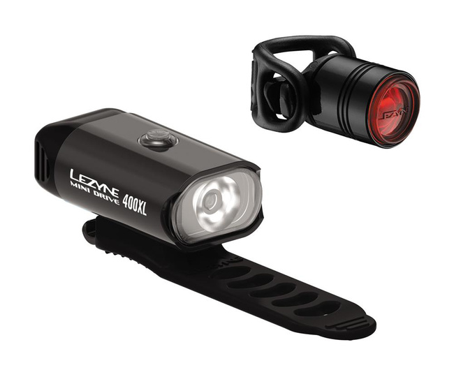 Zestaw lampki LEZYNE MINI DRIVE 400 przód 400 lumenów, FEMTO DRIVE tył 7 lumenów, usb czarne