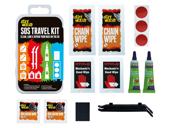 Zestaw czyszcząco-naprawczy WELDTITE Dirtwash Sos Travel Kit (3x Łatka samouszczelniająca + 2x Łyżka + Papier ścierający + 2x Olejek do łańcucha + 2x Chusteczki do łańcucha + 2x Chusteczki do tarcz + 2x Chusteczki do rąk)