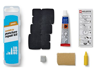 Zestaw łatek do dętek WELDTITE Patch Puncture Repair Kit (8x Łatka + Klej + Papier ścierny + Kreda + Kredka), Pudełko 25szt.