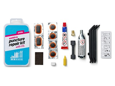 Zestaw łatek do dętek WELDTITE Airtite Puncture Kit with CO2 (6x Łatka + Klej + Papier ścierny + Kreda + Kredka + 3x Łyżka + Nabój CO2 + Adapter zaworu)